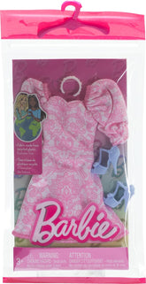 Barbie Doll Clothing, Fashion Pack With Pink Puff Sleeve Dress & Accessories